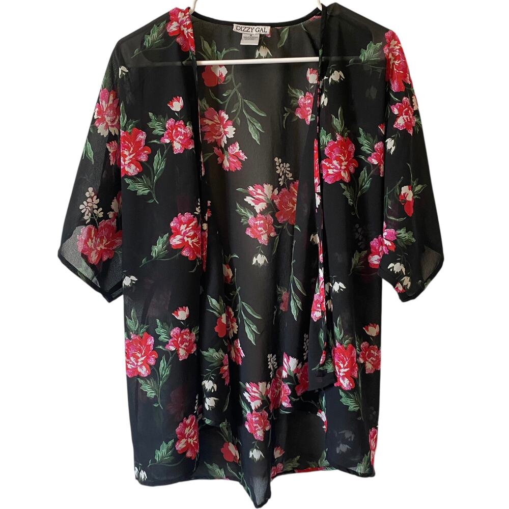 DIZZY GAL Black Floral Sheer Kimono Size Medium Open Front Coastal Beach